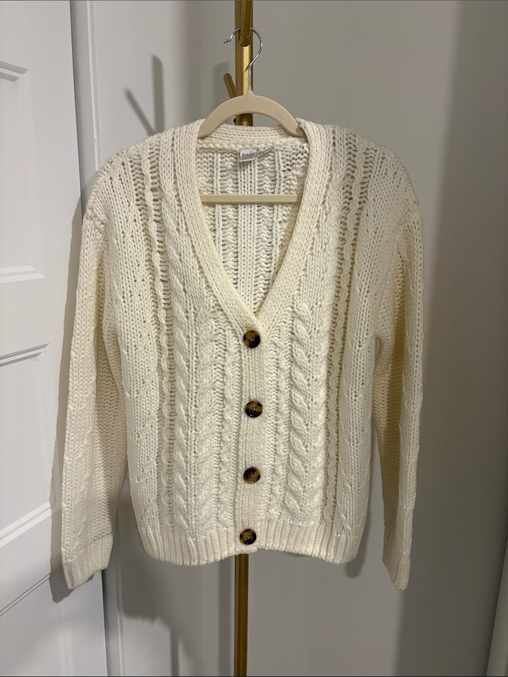 twik Cream Cable-Knit Button Cardigan